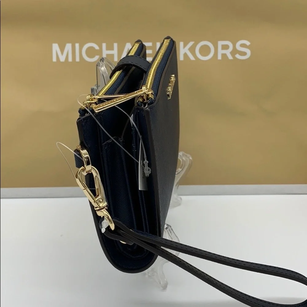 MICHAEL KORS LG DOUBLE ZIP WRISTLET PHONE CASE - wallet Navy NWT - Picture 5 of 16
